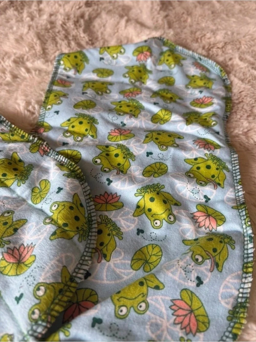 Light Blue Frog-Print Handmade Baby Bib  & Burp Cloth Set